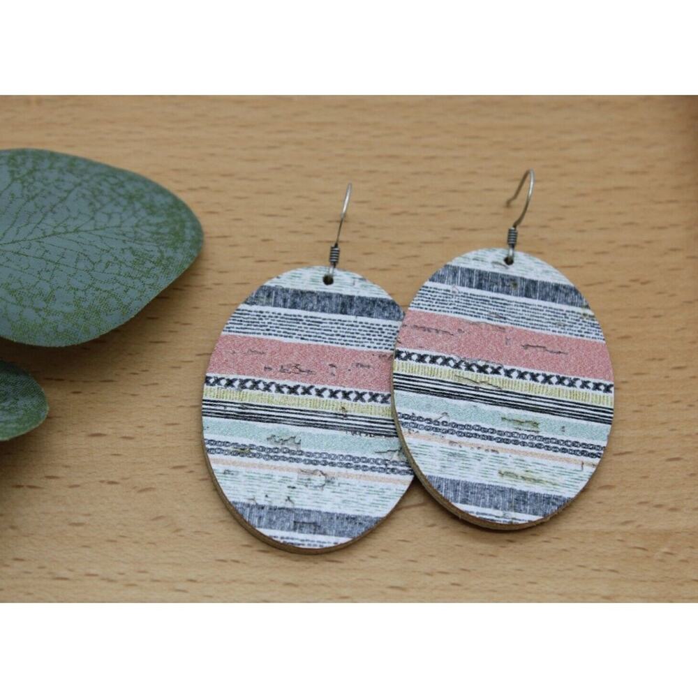 5/$25 Cork on Leather Oval Earrings Pastel Multi-Colored Stripes - Picture 2 of 3